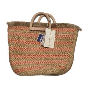 NEW Antik Kraft Large Jute Tote Bag Blue, Tan Coral Wood Handle Boho Beach